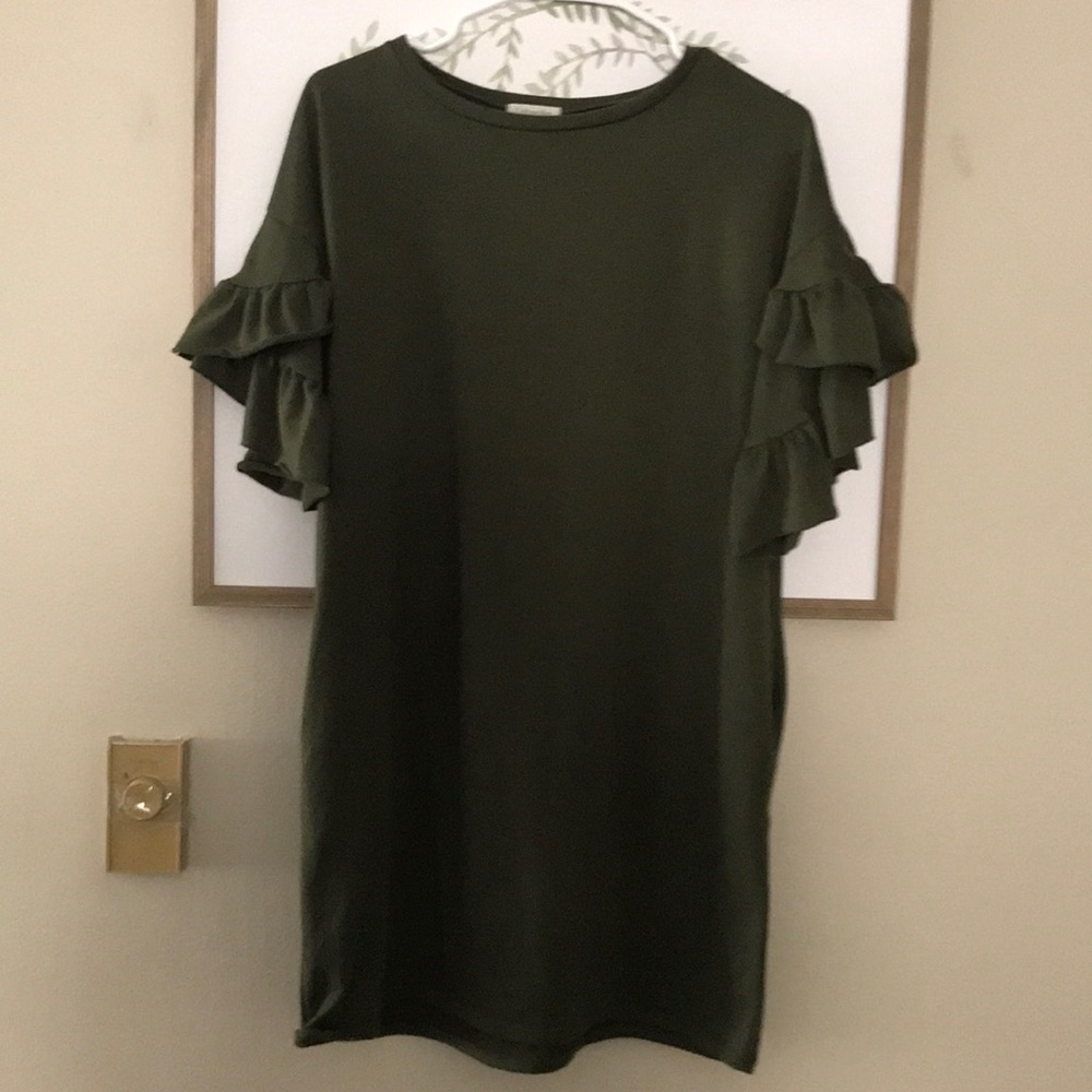 Cotton Bleu hunter green ruffle sleeve dress